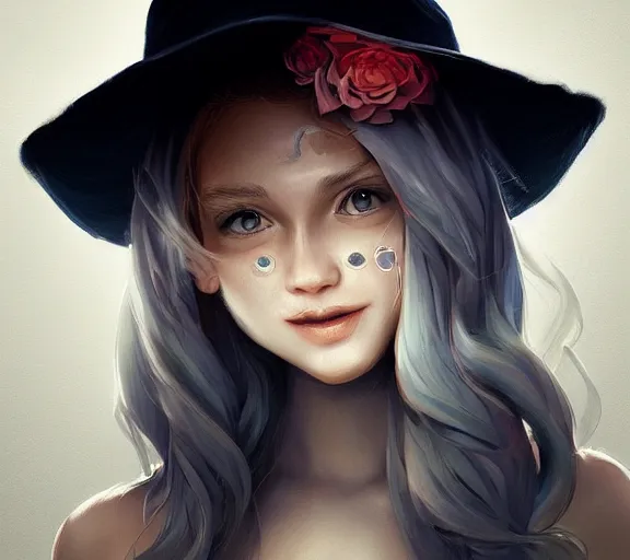 Image similar to mysterious smiling girl puts on a different hat, digital art, trending on artstation, artgerm, very detailed, great quality, illustration, smooth, sharp focus, concept art,