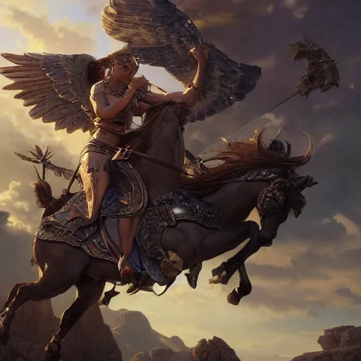 Prompt: an extremely detailed matte painting leroy jenkins as a terrifying valkyrie descending from valhalla on a pegasus, 8 k, sharp focus, detailed face, art by greg rutkowski and alphonse mucha