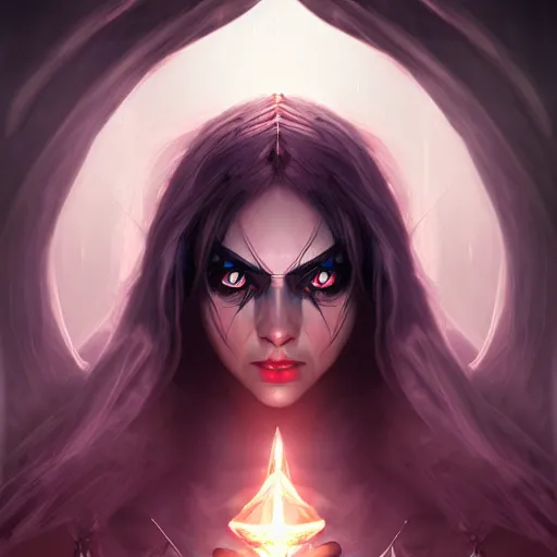 Image similar to dark sorceress full view, wide angle, highly detailed, wlop style, artstation, symmetrical face, concept art, soft light, sharp focus, illustration, character design