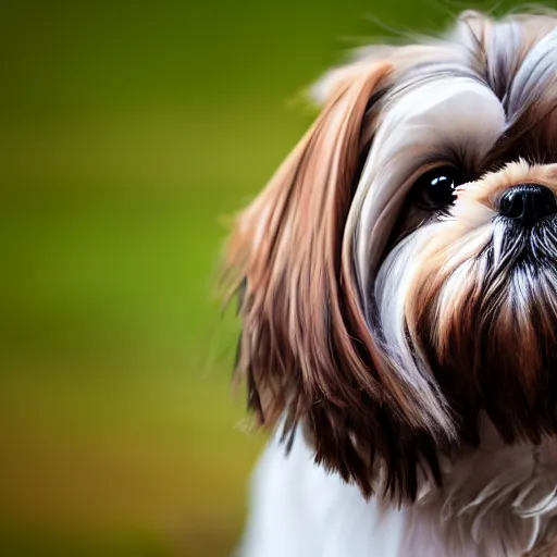 Prompt: shih tzu with brown fur, stands proudly, photography, 8 k, macro lens