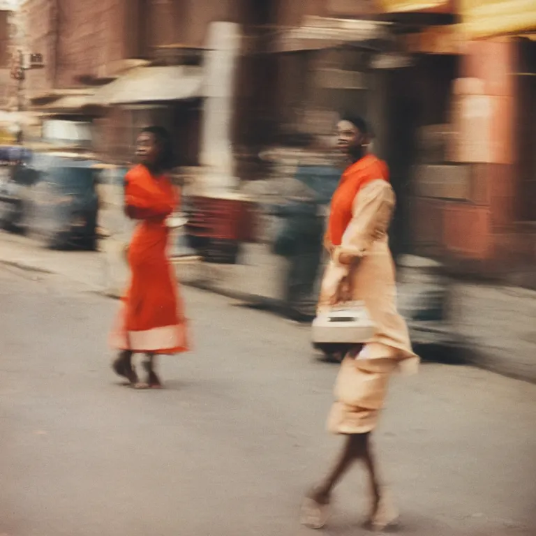 Prompt: analog medium format film motion blur portrait of woman in harlem, 1 9 6 0 s hasselblad film street photography, featured on unsplash, photographed on vintage expired colour film