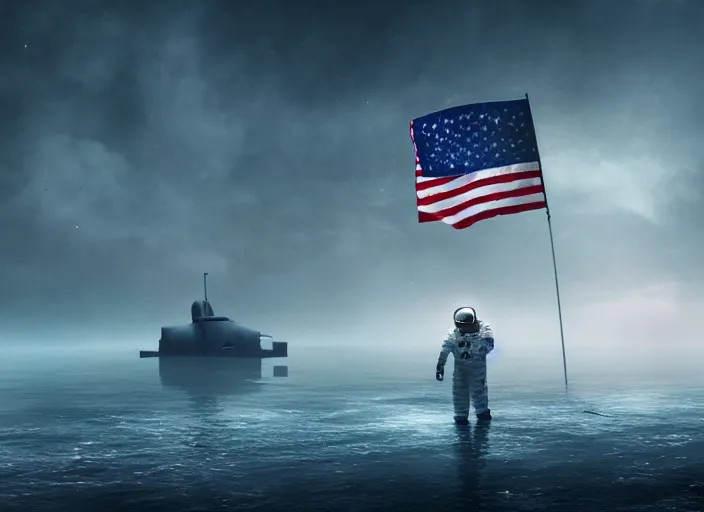 Image similar to astronaut holding a flag in an underwater desert. a submarine is visible in the distance. dark, concept art, cinematic, dramatic, atmospheric, 8 k, trending on artstation, blue, fish, low visibility, fog, ocean floor, christopher nolan, interstellar