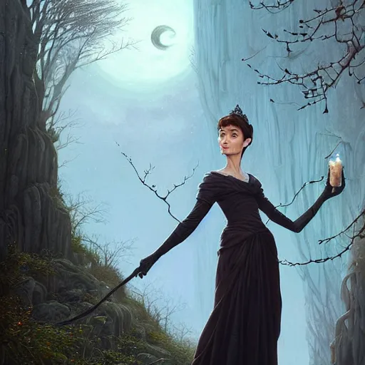 Image similar to audrey hepburn as a witch in an epic fantasy novel, various backgrounds, intricate, elegant, highly detailed, digital painting, artstation, matte, illustration, art by artgerm, greg rutkowski, loish, rhads, ferdinand knab, makoto shinkai, lois van baarle, ilya kuvshinov, rossdraws, tom bagshaw