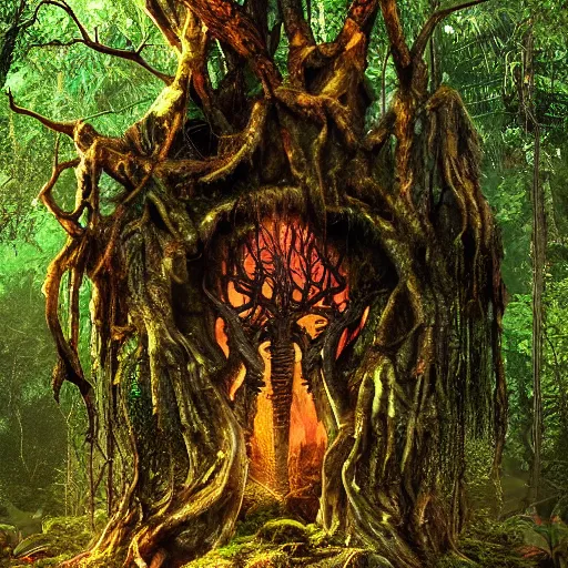Prompt: horrific portal to hell embedded in a spectacular tree in a densely overgrown jungle, fantasy, dreamlike sunraise, ultra realistic, atmospheric, stopped in time, epic