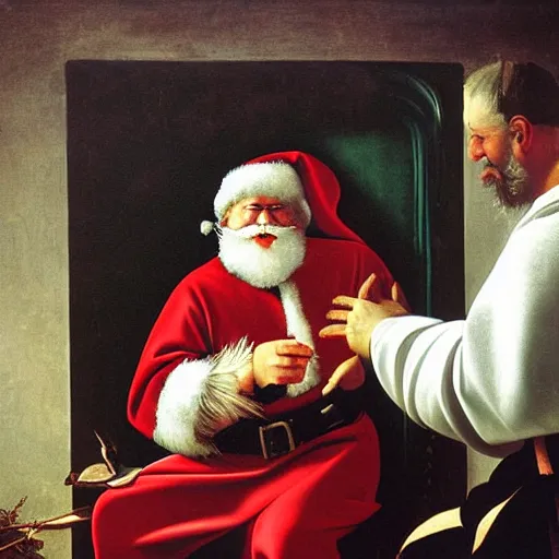 Prompt: Father Christmas playing on an Xbox Painted by Caravaggio