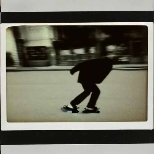 Image similar to vintage polaroid photograph of a man skating on a sidewalk, heavy motion blur