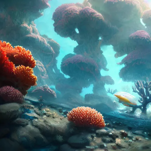 Image similar to beautiful coral reef photorealistic painting, wlop, concept art, octane render, deviantart, greg rutkowski, cinematic, artstation, key art, hyperrealism