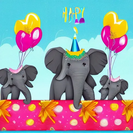 Prompt: three elephants having a cool birthday party, photo, highly detailed