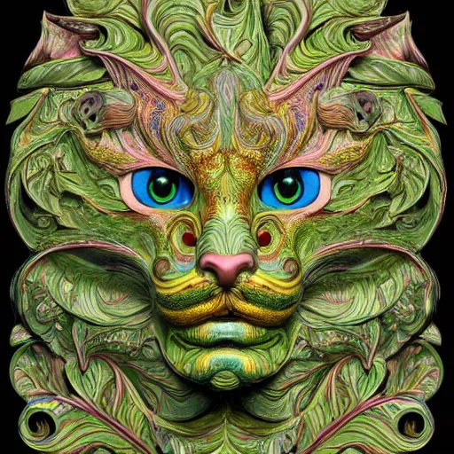 Prompt: beautiful colourful highly detailed incredibly ornate decorative cat face green man 3 d sculplture by walter crane and william morris and kilian eng, closeup, twisting leaves, tiny fine flowing lines, abstract psychedelic, 8 k, artstation