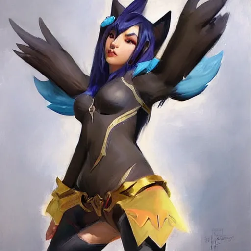 Image similar to greg manchess portrait painting of partially armored ahri from league of legends as overwatch character, medium shot, asymmetrical, profile picture, organic painting, sunny day, matte painting, bold shapes, hard edges, street art, trending on artstation, by huang guangjian, gil elvgren, ruan jia, randy vargas, greg rutkowski, gaston bussiere