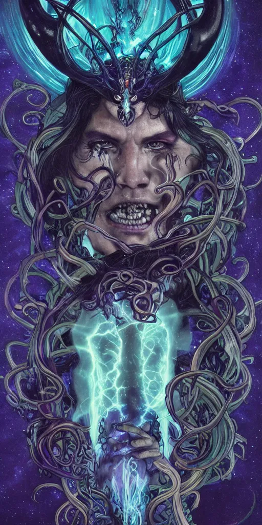 Image similar to intense glowing angry pagan god with horns and tentacles and intense glowing eyes and a skull in very dark cosmic space by karol bak and artgerm and alphonse mucha, portrait, fantasy, clear, light beams, lens flare, intense, uhd, amazing depth, cinematic lighting, purple and teal and indigo and cyan