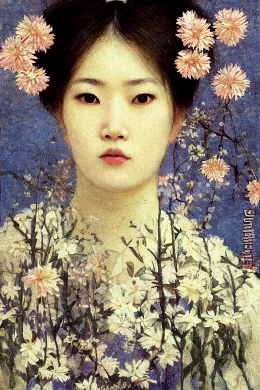 Image similar to close - up fashion asian woman portrait airy flowers sacura cloudy sky art by vasnetsov