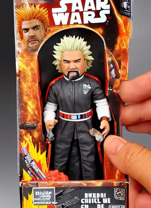 Image similar to star wars black series action figure of guy fieri with barfing chili cheese fries action, pristine box, toy still in package, ebay, extremely detailed