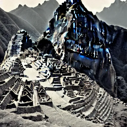 Image similar to ufo landing in machu picchu, photo 1 9 5 0,