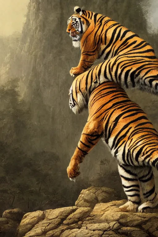 Image similar to a humanoid muscular tiger king stands on a rock by greg rutkowski, magic realism, hyper realistic, 2 0 0 mm lens