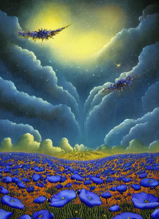 Image similar to detailed, intricate blue black and purple papaverum flower on the field, nebula, galaxy in the sky, winning award masterpiece, fantastically beautiful, illustration, aestheticly inspired, jacek yerka, upscale with anguissola sofonisba work, artstation, 8 k