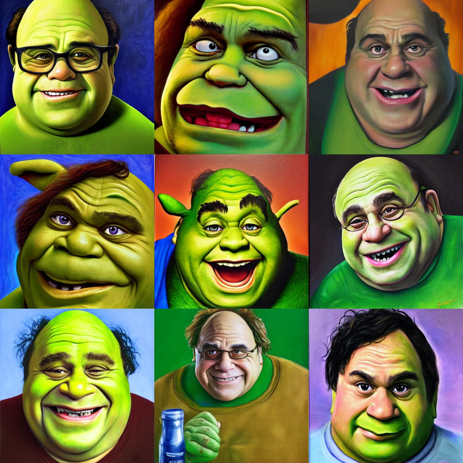 Prompt: portrait of danny devito as shrek, realistic oil painting