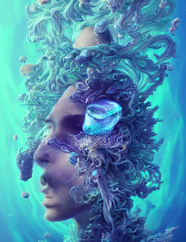 Image similar to goddess macro shouler portrait from bottom to top in crown made of ram skull. betta fish, jellyfish phoenix, bioluminiscent, plasma, ice, water, wind, creature, super intricate ornaments artwork by tooth wu and wlop and beeple and greg rutkowski and alexander fedosav