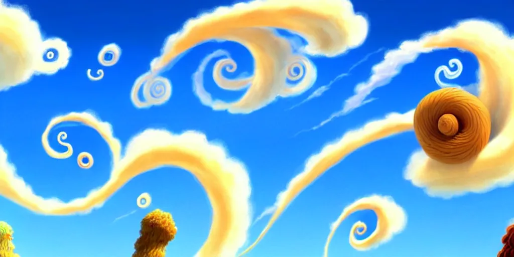 Image similar to cartoon concept art, clean blue sky, spiral clouds, from lorax movie