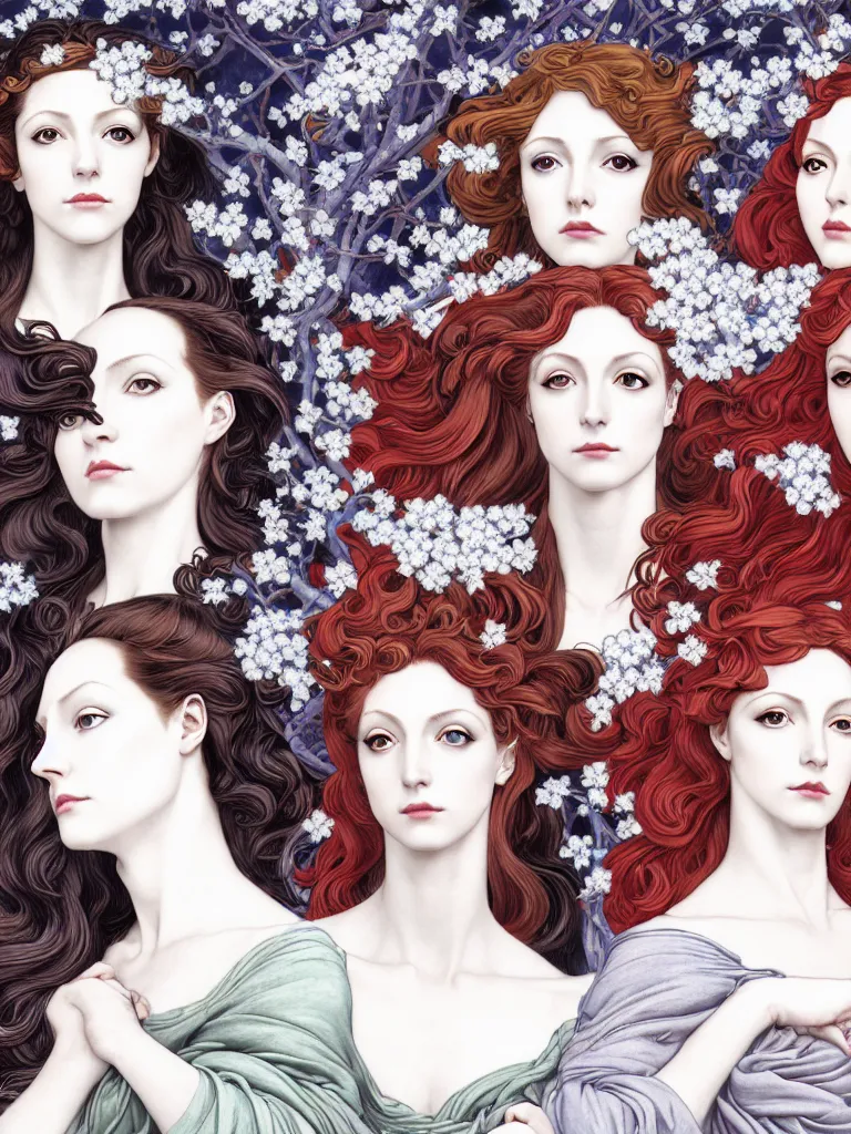 Prompt: 3 goddesses symbolizing the months of december, january and february, different hair colors, style mix of æon flux, shepard fairey, botticelli, john singer sargent, pre - raphaelite, shoujo manga, branches, snow, ice, dark muted colors, superfine ink detail, ethereal, 4 k photorealistic, arnold render