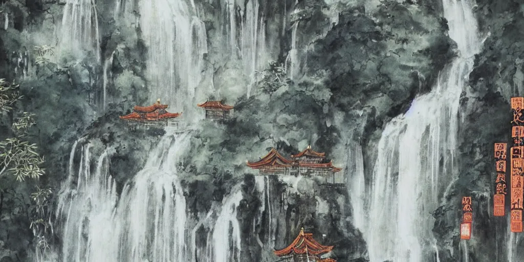 Prompt: “ large temple in the middle of waterfall in chinese watercolor painting, oil painting, masterpiece, aesthetic ”