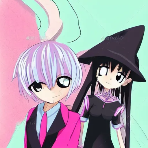 Prompt: anime style world with pink edge around characters a salir girl with white hair with big eyes and cute style with his brother a cool tall guy witch black hair - n 9