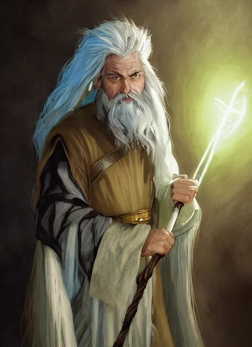 Prompt: medium - length portrait of a male wizard, arcane sigils hovering over his hands, with long white hair and glowing blue eyes, long white beard, dark brown skin, stern expression, wears a long robe, medieval setting, dramatic pose, highly detailed, digital painting, artstation, concept art, sharp focus, illustration, art by greg rutkowski and alphonse mucha