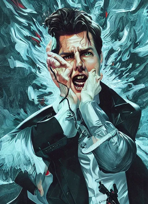 Prompt: poster artwork by Michael Whelan and Tomer Hanuka, Karol Bak of Tom Cruise going crazy, from scene from Twin Peaks, clean