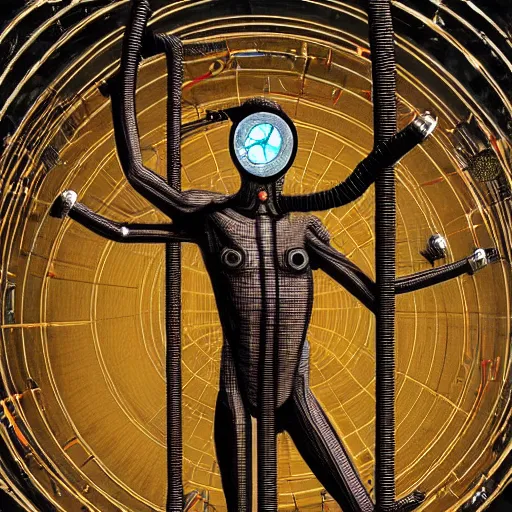 Image similar to a guy standing like the vitruvian man, connected to wires and tubes, wearing goggles, cybernetic, dystopian, Neo Rococo Expressionist, Maximalism, orientalism, diffuse lighting, fantasy, intricate, elegant, highly detailed, lifelike, photorealistic, digital painting, artstation, illustration, concept art, smooth, sharp focus, art by John Collier and Albert Aublet and Krenz Cushart and Artem Demura and Alphonse Mucha