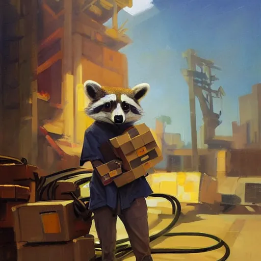 Image similar to greg manchess painting of a trash panda character, holding a box of cables and standing next to old electronic equiptment, medium shot, asymmetrical, profile picture, organic painting, sunny day, matte painting, bold shapes, hard edges, street art, trending on artstation, by huang guangjian and gil elvgren and sachin teng