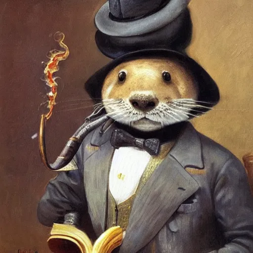 Prompt: anthropomorphic otter wearing a hat, a suit and a monocle, smoking a cigar, oil painting by jan matejko