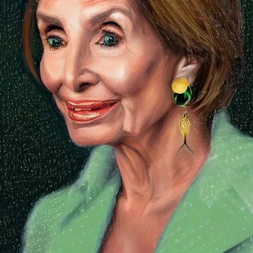 Image similar to a highly detailed, hyper realistic, gorgeous portrait with torso of nancy pelosi, among wonderful golden fireflies, long hair, green eyes, hint of freckles, round gentle face, cheeky smile, seen from behind, she looks behind her shoulders, deep focus, elegant, digital painting, smooth, sharp, golden ratio, illustration, art by artgerm and caravaggio