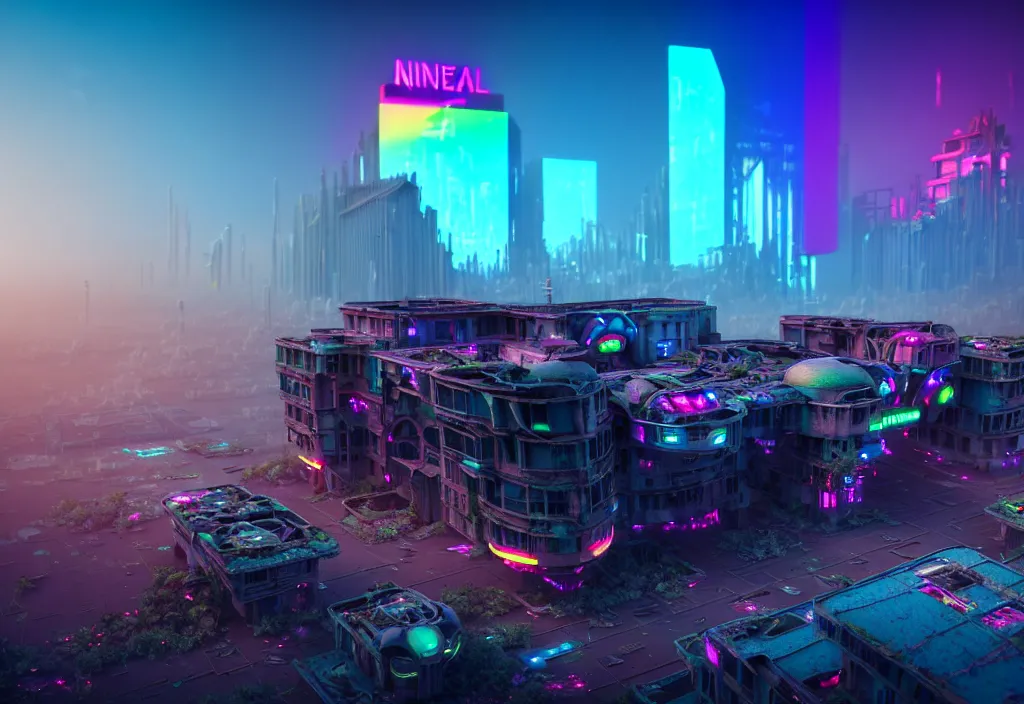 Image similar to A highly detailed crisp unreal engine render of aerial drone photo of A beautiful futuristic cyberpunk abandoned city building with neon, plants, perfect well made rainbow on the sky, sunlight breaking through clouds, debris on the ground, abandoned machines bright warm colors by wangchen-cg, 王琛,Neil blevins, artstation