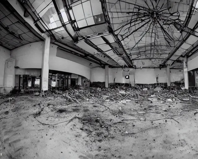 Prompt: camera footage of a Hundreds of Rabid Zerg in an abandoned shopping mall, high exposure, dark, monochrome, camera, grainy, CCTV, security camera footage, timestamp, zoomed in, fish-eye lens, Nightmare Fuel, Evil, Zerg, Brood Spreading, horrifying, lunging at camera :4