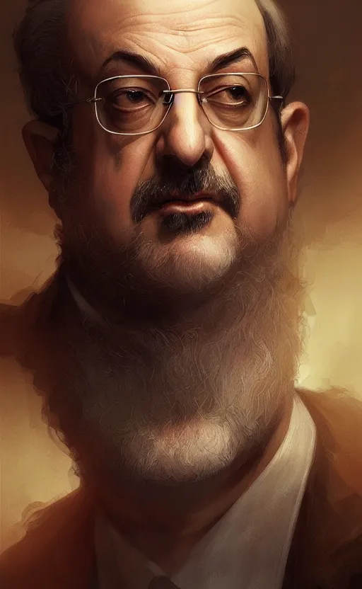 Image similar to portrait of salman rushdie, deep focus, d & d, fantasy, intricate, elegant, highly detailed, digital painting, artstation, concept art, matte, sharp focus, illustration, art by artgerm and greg rutkowski and alphonse mucha