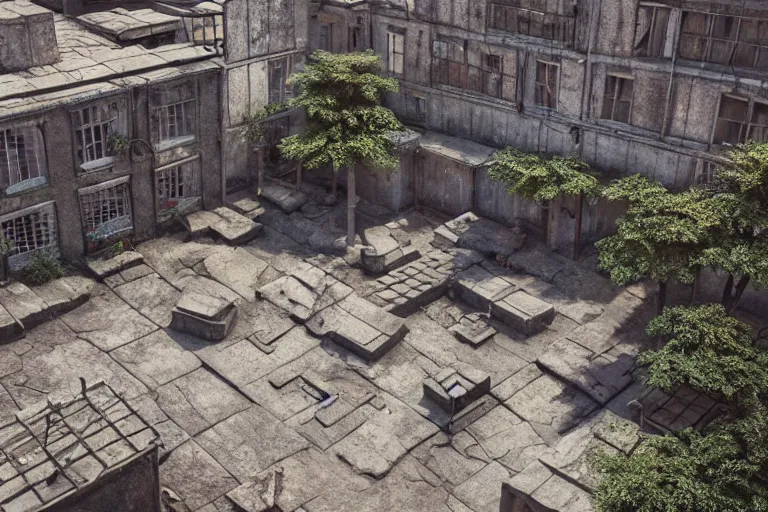 Image similar to an old courtyard with mud and an old playground between two soviet five-storey panel houses, Brutalism, high details, cinematic, 8k resolution, beautiful detailed, insanely intricate details, artstation trending, octane render, unreal engine