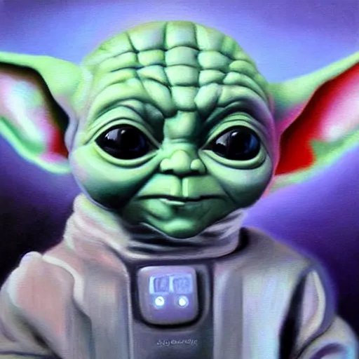 Image similar to a realistic oil painting of baby yoda as a cybernetic cyborg, surrealism portrait, surrealism album cover