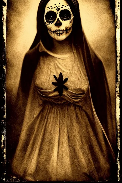 Image similar to wet collodion process, tintype virgin mary in dia de muertos dress and make up, horrific beautiful vibe, evocative, atmospheric lighting, painted, intricate, highly detailed, leesha hannigan, wayne haag, reyna rochin, ignacio fernandez rios, mark ryden, iris van herpen, stunning, gorgeous, sharp focus, cinematic, masterpiece