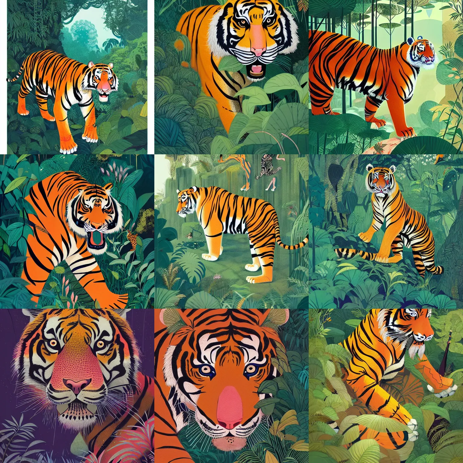 Prompt: a gorgeous, fantastic, tiger in the jungle by victo ngai, trending on artstation, artgerm, oil on canvas, muted colors