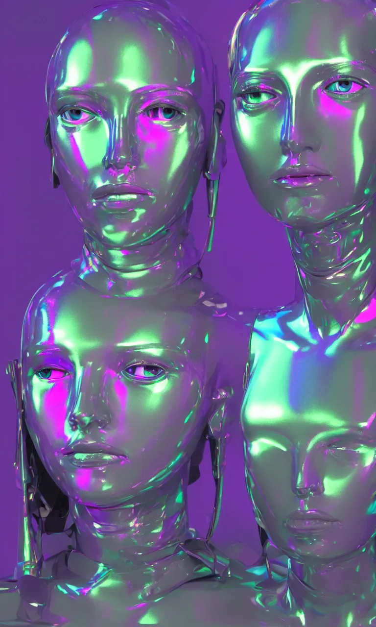 Image similar to 3d render of holographic human robotic made of glossy iridescent, surrealistic 3d illustration of a human face non-binary, non binary model, 3d model human, cryengine, made of holographic texture, holographic material, holographic rainbow, concept of cyborg and artificial intelligence