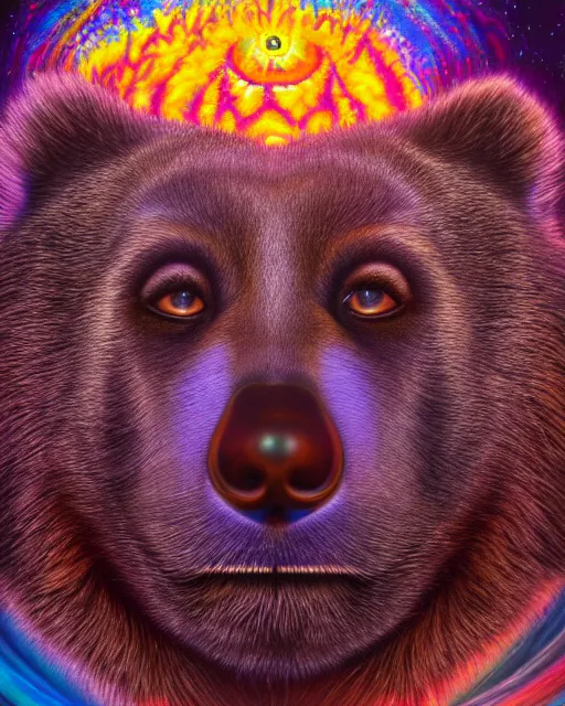 Prompt: portrait ultra dimensional baloo entity, accidentally tripping on dmt and acid, psychedelic experience, overwhelming psychosis of self realization and burning awakening, ultra high definition, unreal engine 5, hyperrealism, masterpiece composition, by casey weldon, barclay shaw 8 k photorealistic