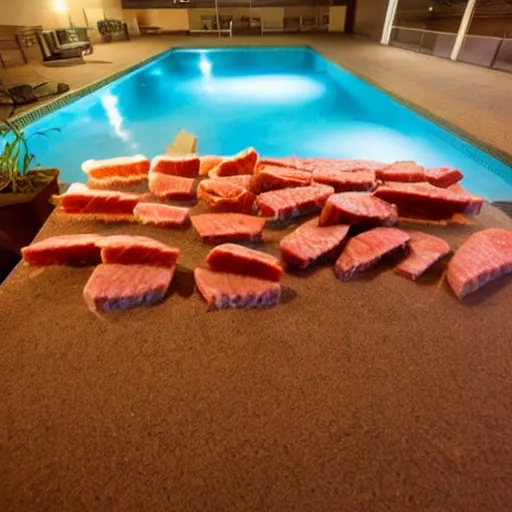 Image similar to a swimming pool that is half meat, night, unsettling,