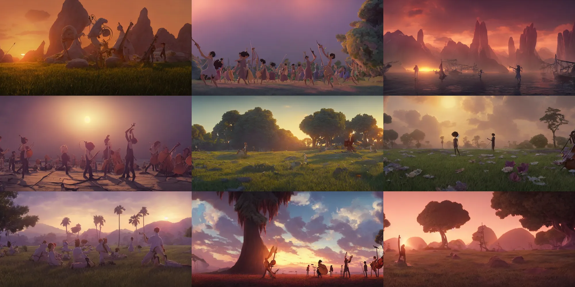 Prompt: animation key shot, live orchestra performing an epic musical score during sunset, emotional, powerful, viola, violin, tuba, woodwinds, music playing live, close up shot, studio Ghibli, Pixar and Disney animation, sharp, Rendered Unreal Engine 5, film key art, Greg Rutkowski, Bloom, dramatic lighting