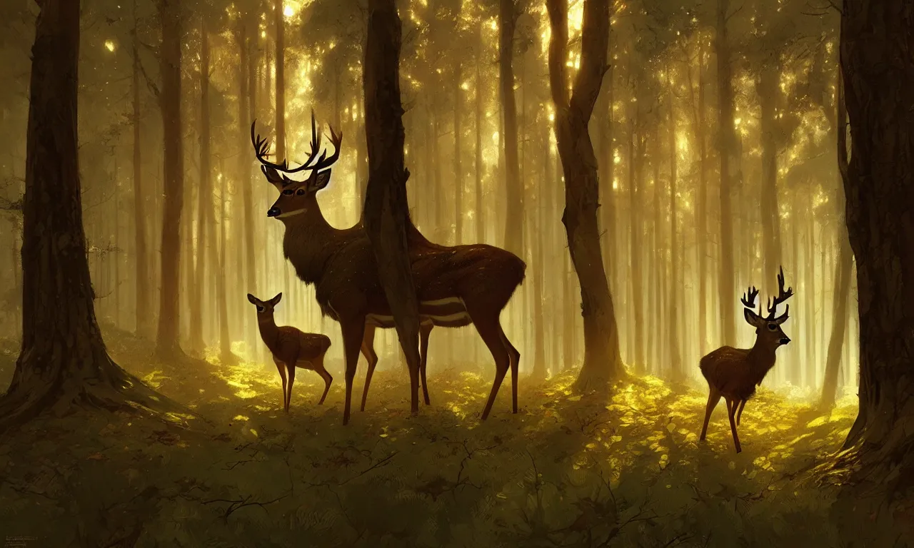 Image similar to Deer in Sherwood Forest, full frame, highly detailed, digital painting, artstation, concept art, smooth, sharp focus, illustration, art greg rutkowski and alphonse mucha