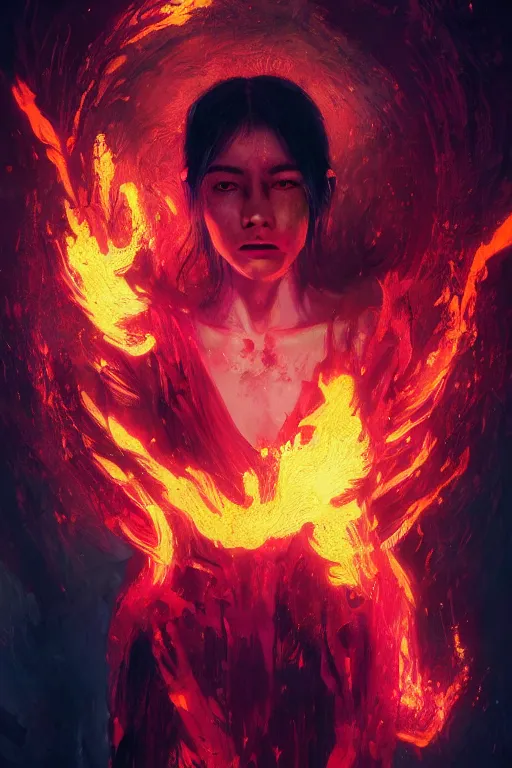 Prompt: a beautiful portrait of a young Demon women covered in deep colourful flames by Greg Rutkowski, Sung Choi, Mitchell Mohrhauser, Maciej Kuciara, Johnson Ting, Maxim Verehin, Peter Konig, Bloodborne , 8k photorealistic, cinematic lighting, HD, high details, atmospheric , trending on artstation