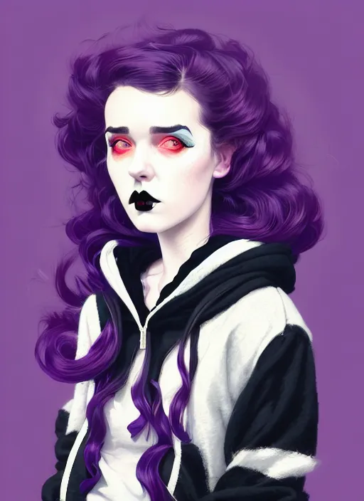 Image similar to highly detailed portrait of a goth young woman with black lips and pronounced chest, tartan hoody, photographic realistic background, ringlet hair by atey ghailan, by greg rutkowski, by greg tocchini, by james gilleard, by joe fenton, by kaethe butcher, gradient purple, cream and white color scheme, trending in instagram, award winning details