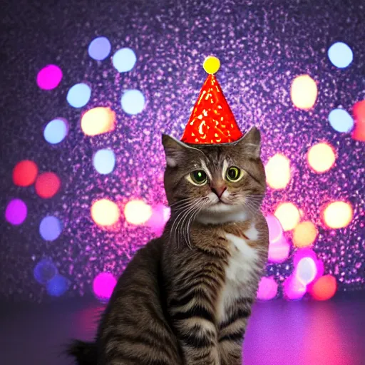 Prompt: a photo of a very cute cat wearing a birthday party hat, studio portrait, back background with fireworks. portrait.