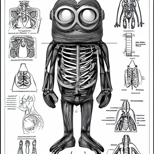 Image similar to anatomy of a minion on a blueprint, intricate detailed,