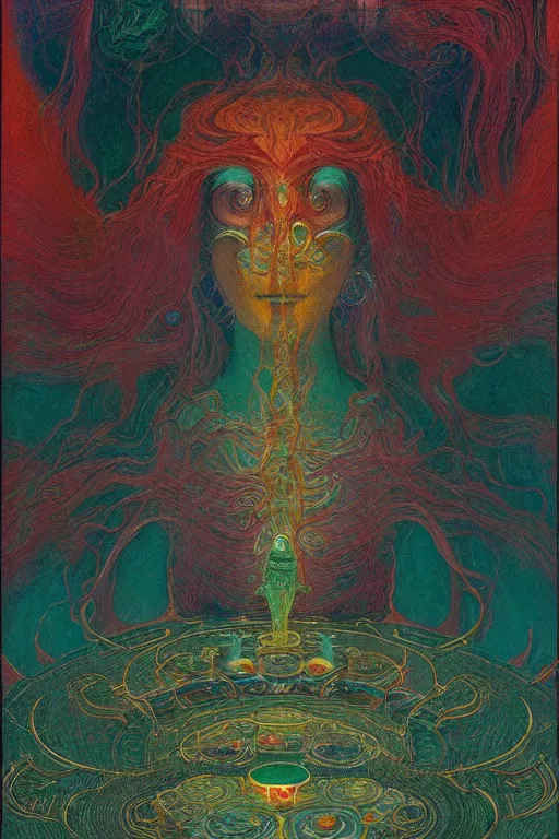 Prompt: portrait of a woman programming the samsara holy cluster, fine portrait, concept art, stunning, visionary, hyper realistic, beautiful, digital painting, wow, by brecht evens, by jean delville, in the style of francis bacon, by victo ngai