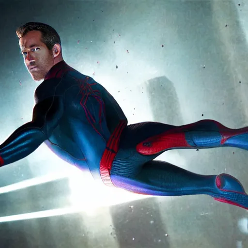 Image similar to ryan reynolds as spider - man, wearing a black and blue suit, cinematic, volumetric lighting, f 8 aperture, cinematic eastman 5 3 8 4 film, photorealistic by greg rutkowski, by stanley artgerm, by alphonse mucha